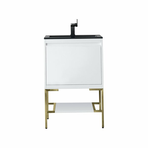 James Martin Vanities 23.6'' Single Vanity, Glossy White, Champagne Brass Base w/ Charcoal Black Composite Stone Top 805-V23.6-GW-CB-CH